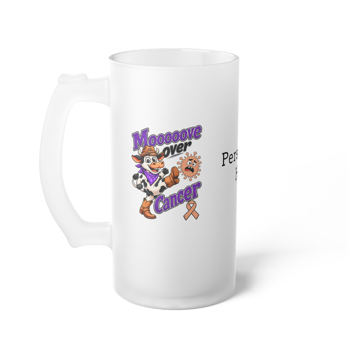 Moooove Over Cancer frosted glass mug with playful cow artwork and orange ribbon