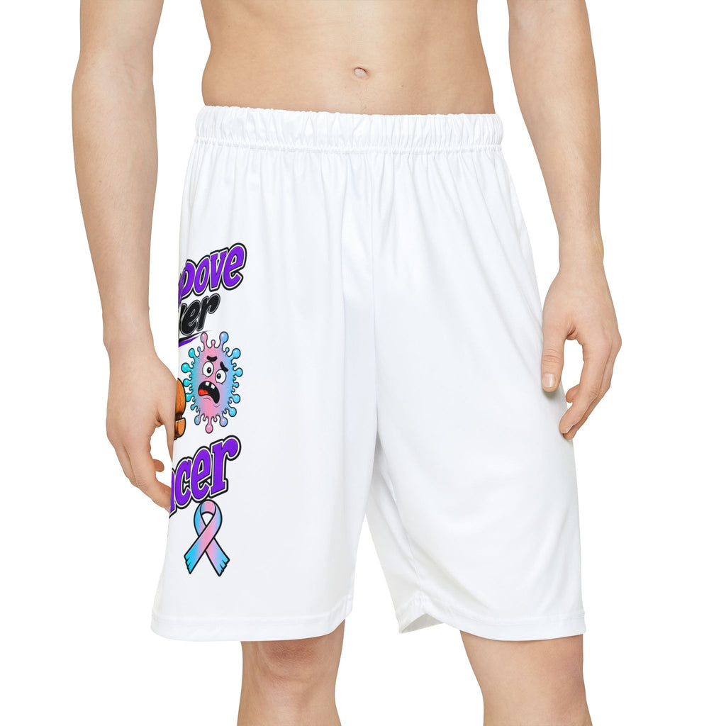 Front-side view of Moooove Over Cancer shorts with Thyroid Cancer awareness ribbon