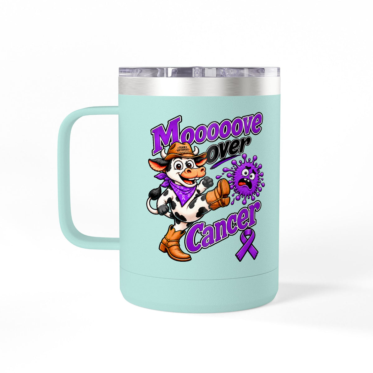 Aqua Moooove Over Cancer mug with purple Pancreatic Cancer awareness ribbon