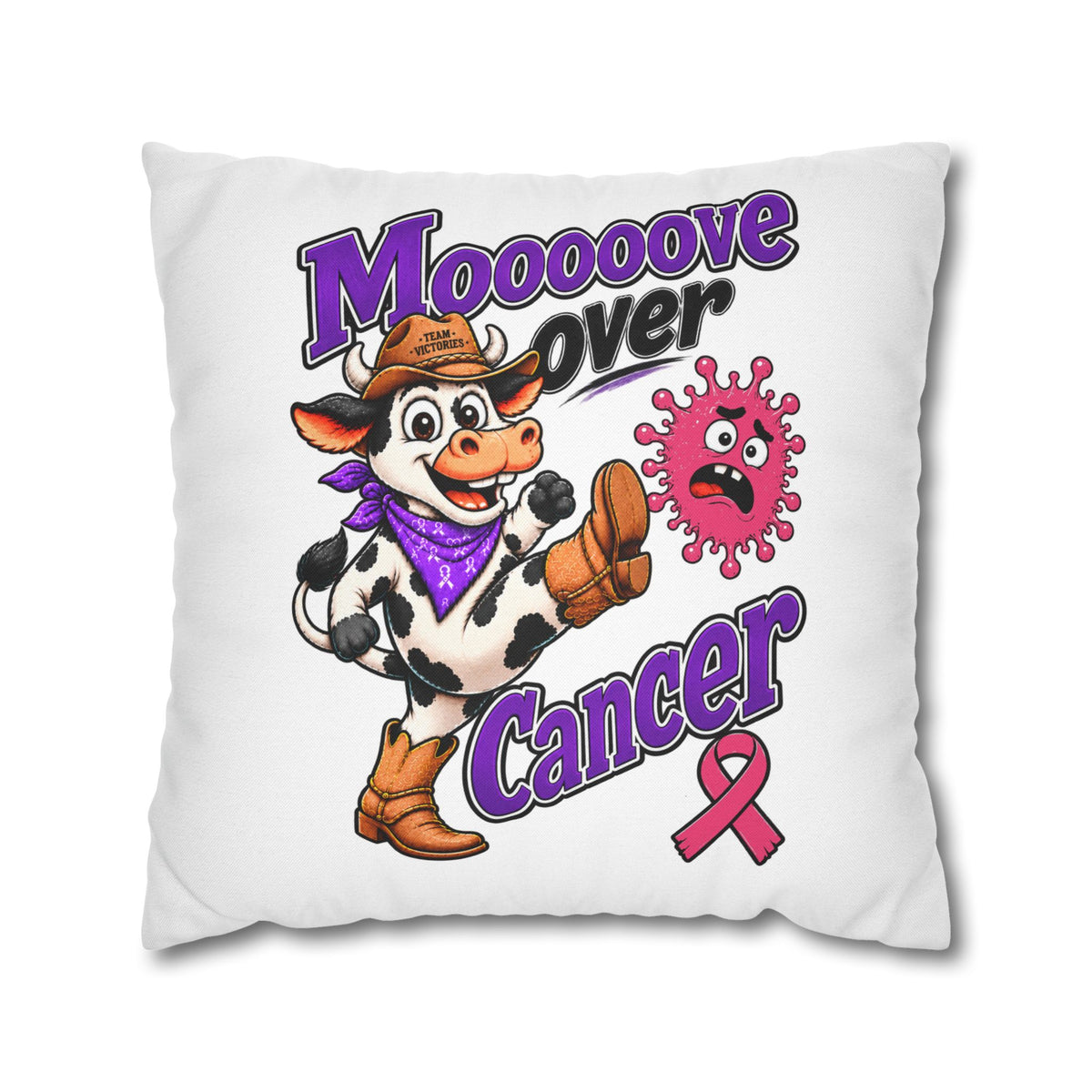 Reverse side of Team Victories pillowcase with a Breast Cancer awareness ribbon