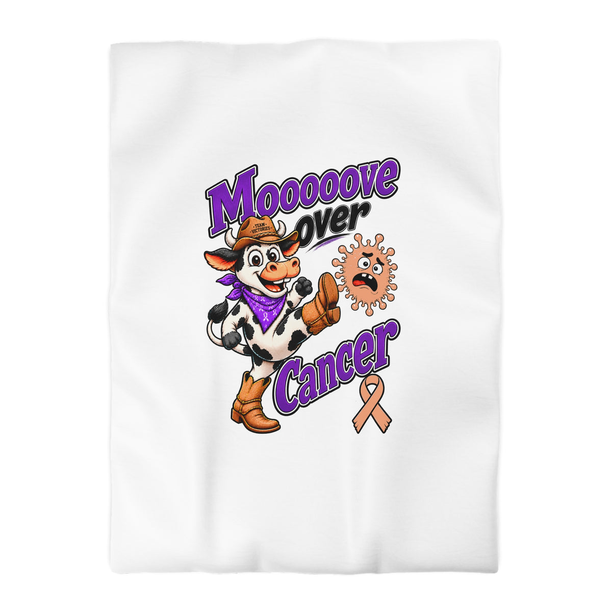 Vertical Moooove Over Cancer duvet cover with cowgirl cow artwork and peach Uterine Cancer awareness ribbon