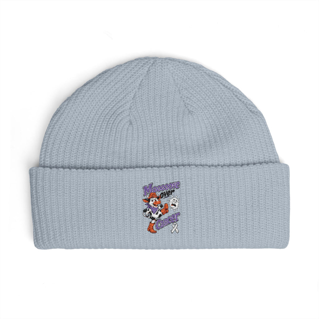 Moooove Over Cancer embroidered cuff beanie in light blue with front ribbon artwork