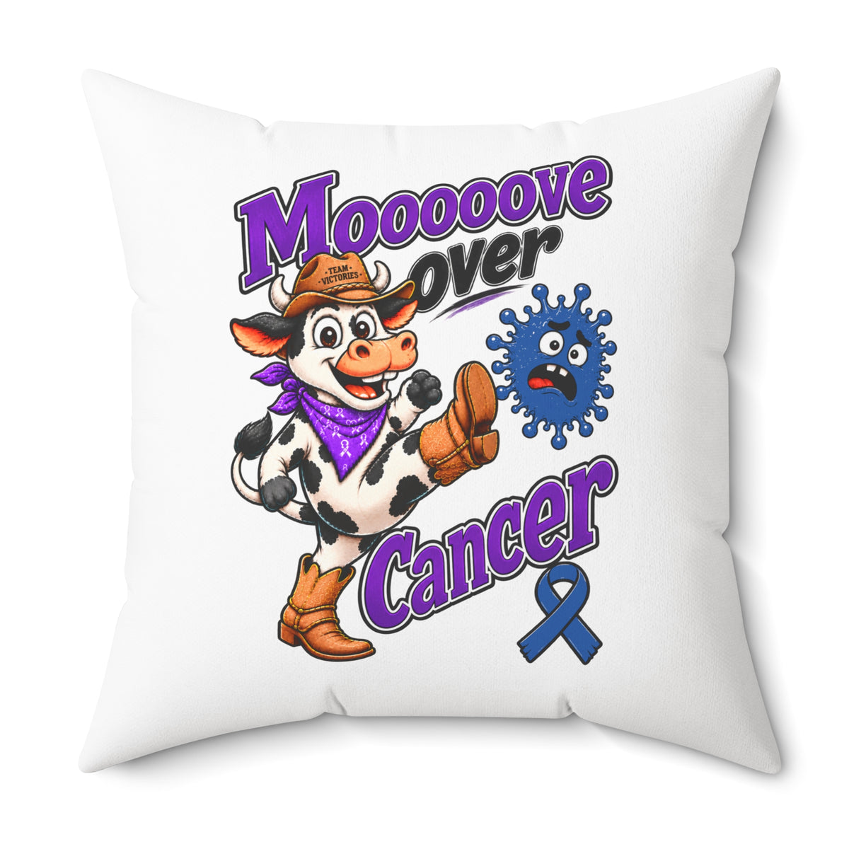 Team Victories Colon Cancer awareness ribbon pillow from the Moooove Over Cancer design