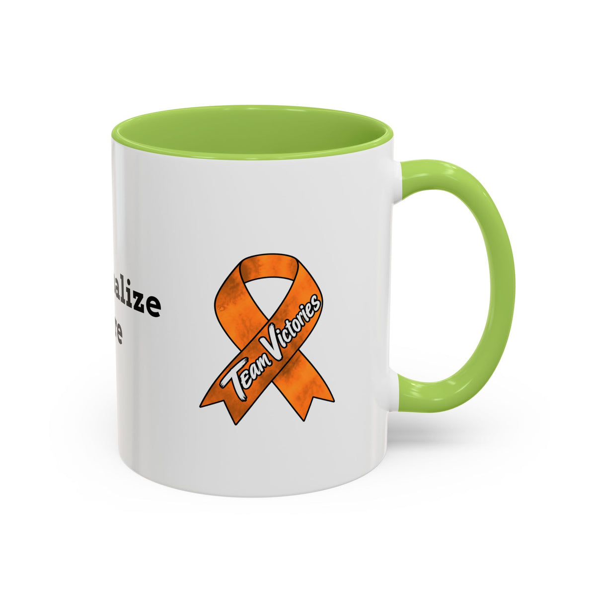 Moooove Over Cancer mug showing Team Victories Leukemia/Kidney Cancer awareness ribbon with purple accents