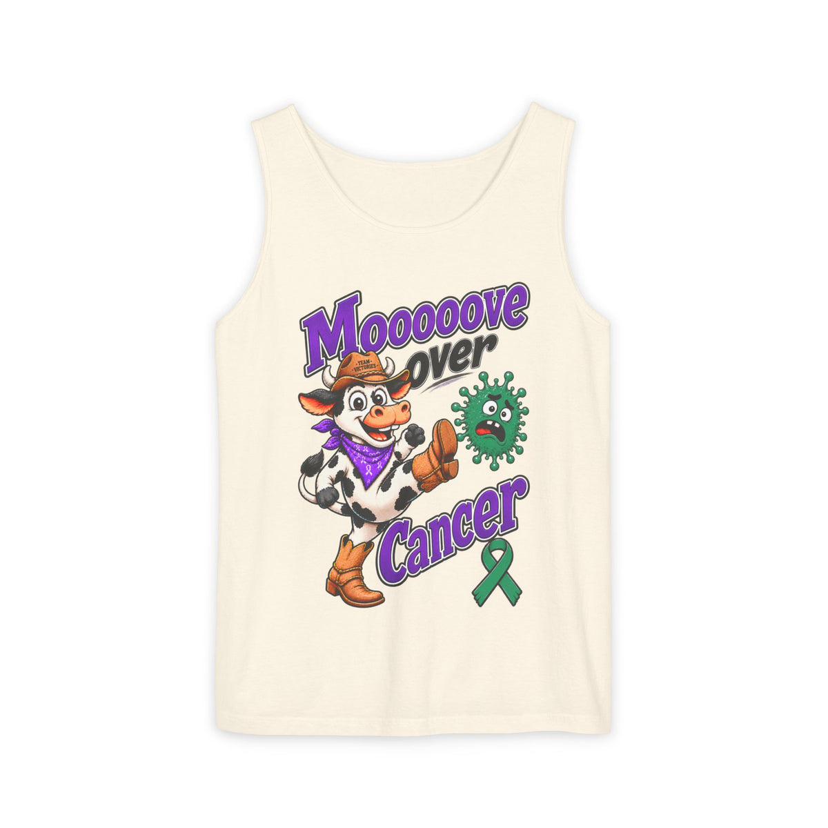 Cream Moooove Over Cancer tank top with western cow artwork and Liver Cancer awareness ribbon
