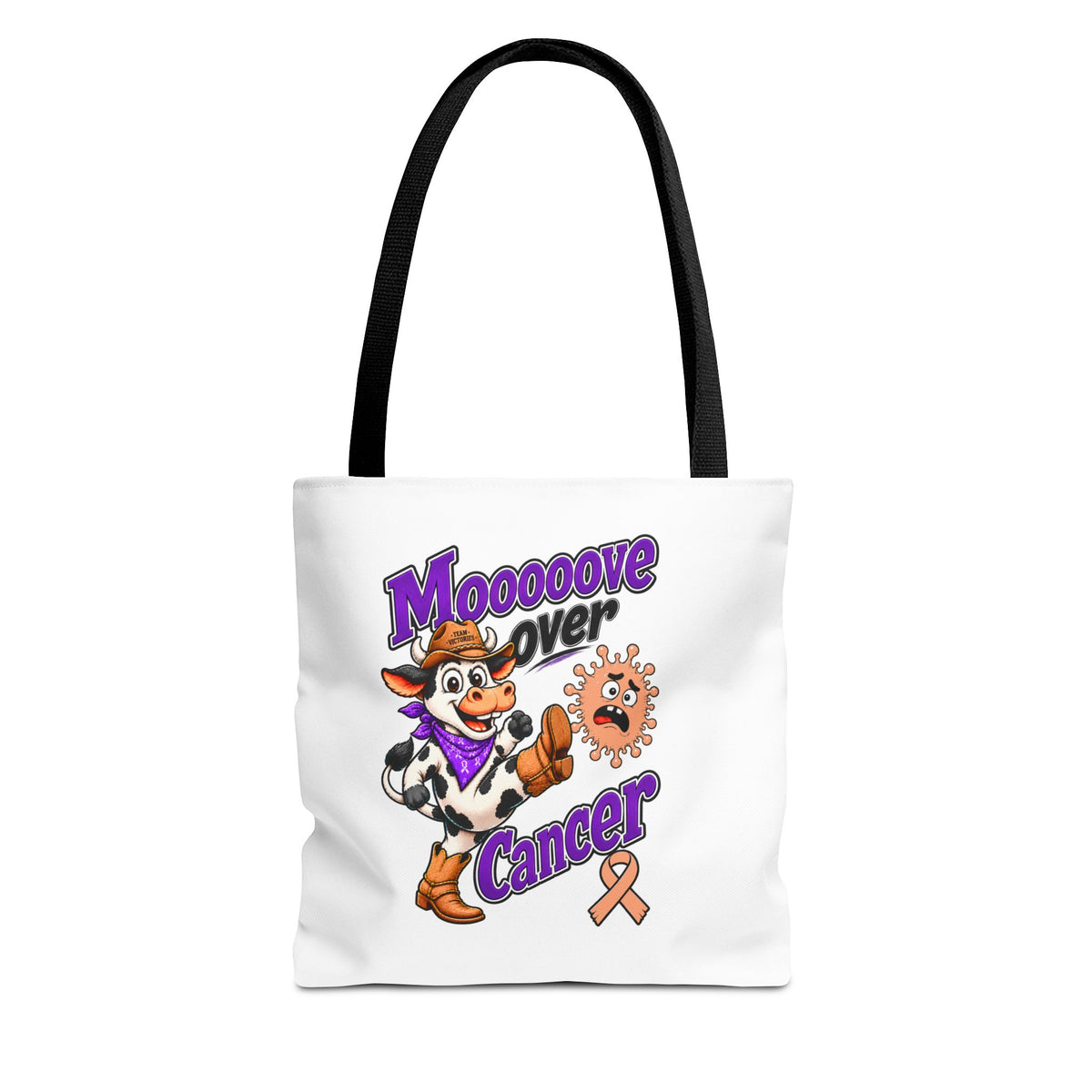 Moooove Over Cancer cow artwork and peach Uterine Cancer awareness ribbon on white tote bag