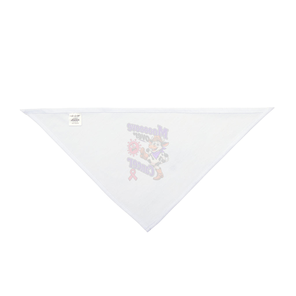Back view of white Moooove Over Cancer pet bandana with sewn-in label