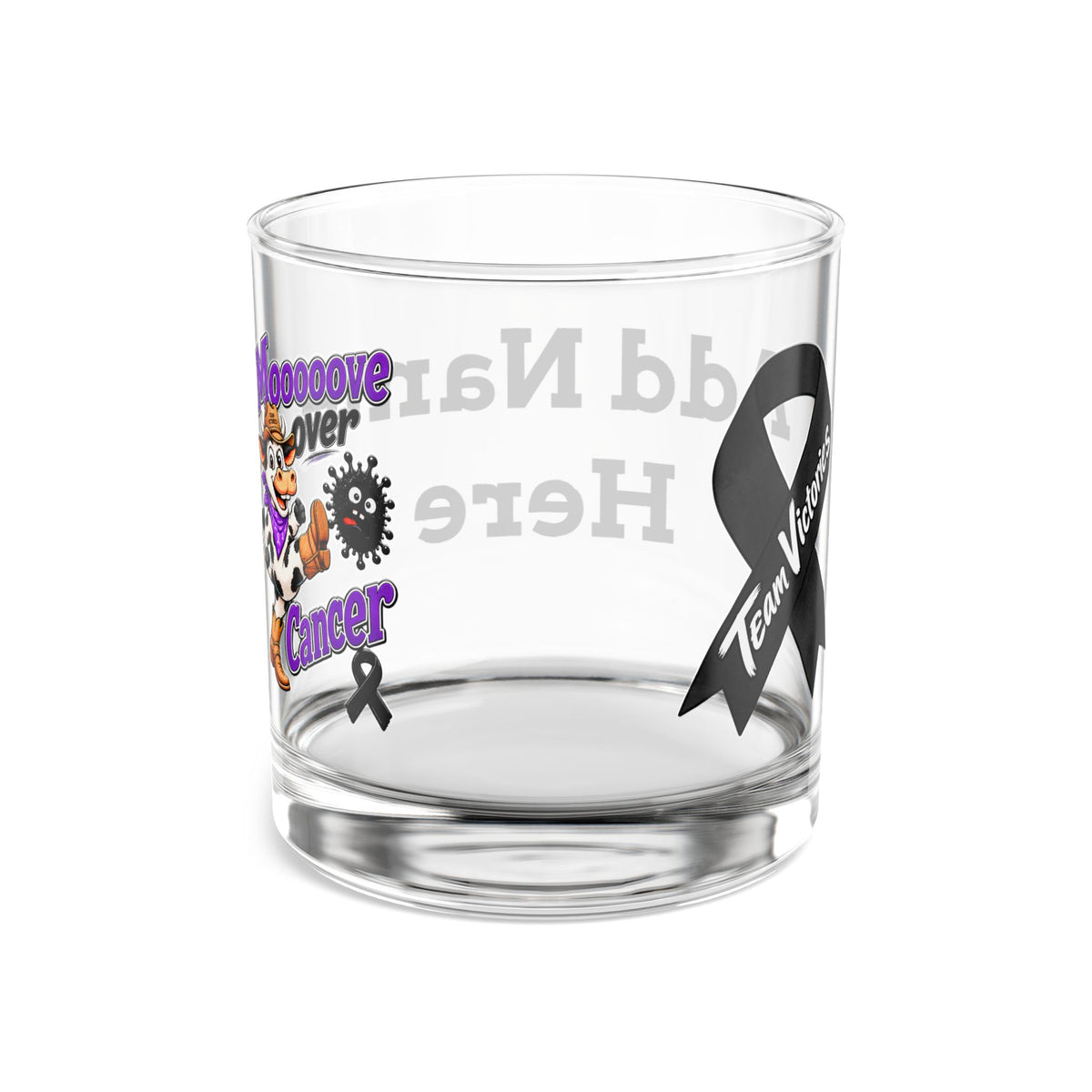 Moooove Over Cancer glass tumbler with black awareness ribbon and wraparound print