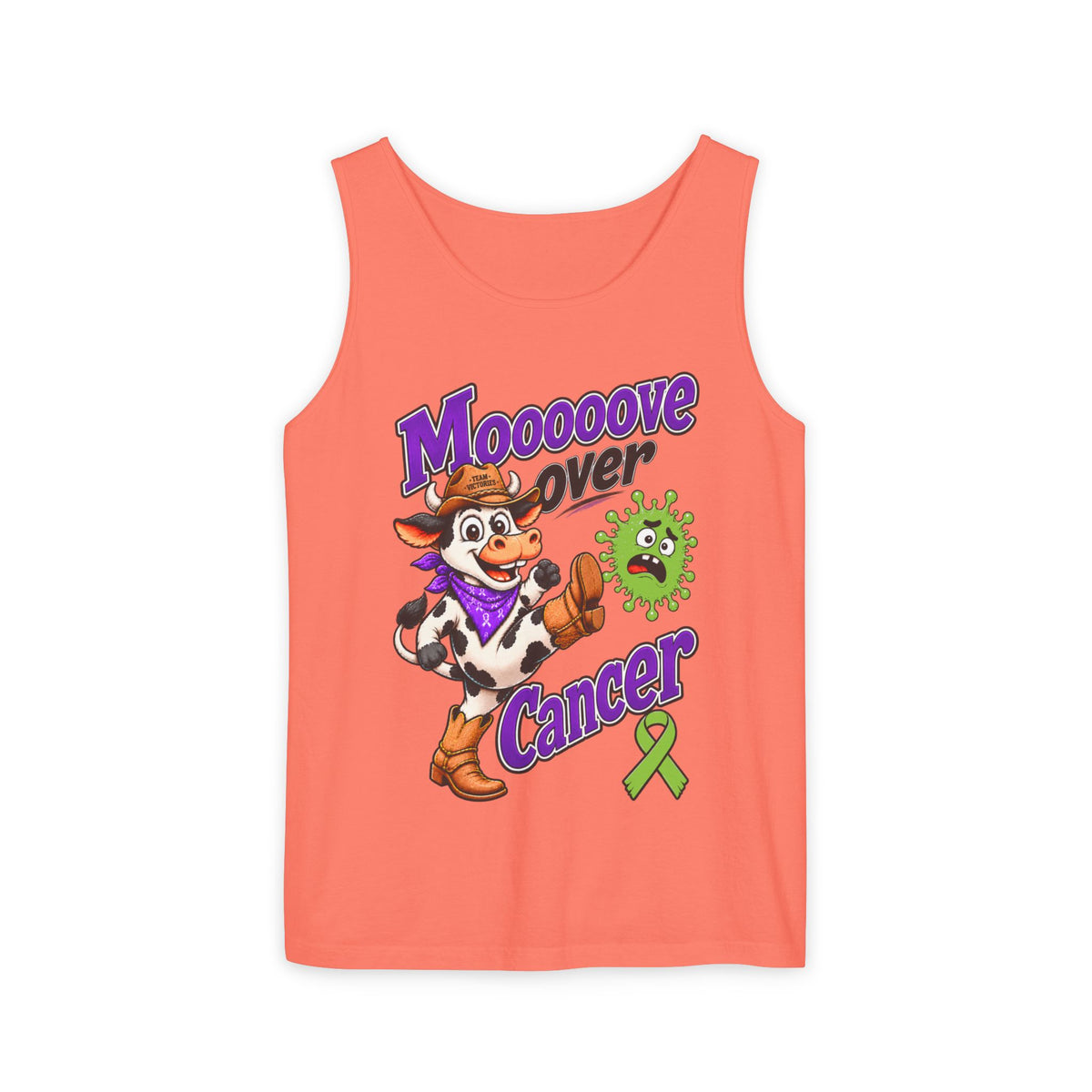 Moooove Over Cancer tank top with cow artwork on bright coral fabric
