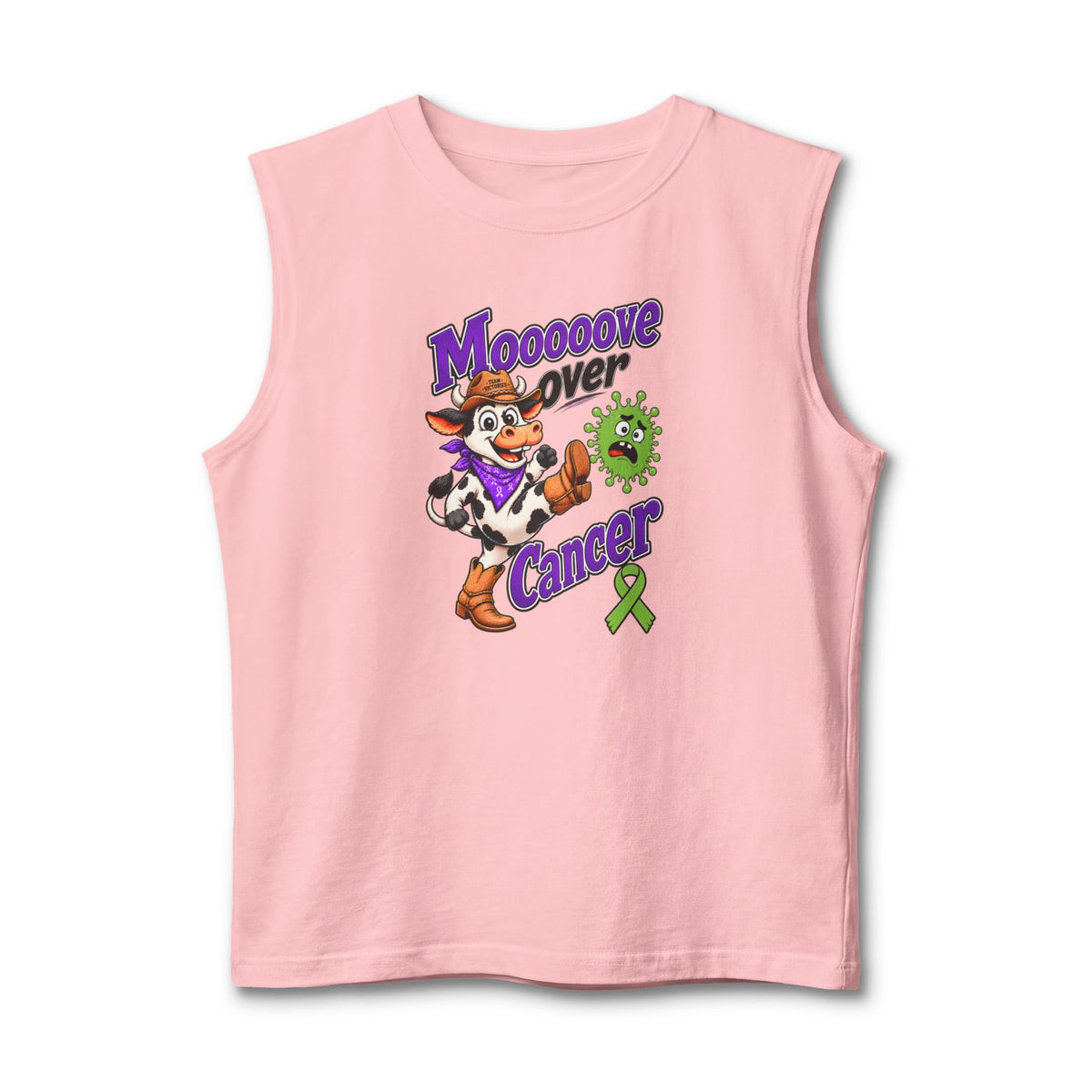 Pink Moooove Over Cancer tank top with playful cowgirl artwork and Non-Hodgkin/Lymphoma Cancer awareness ribbon