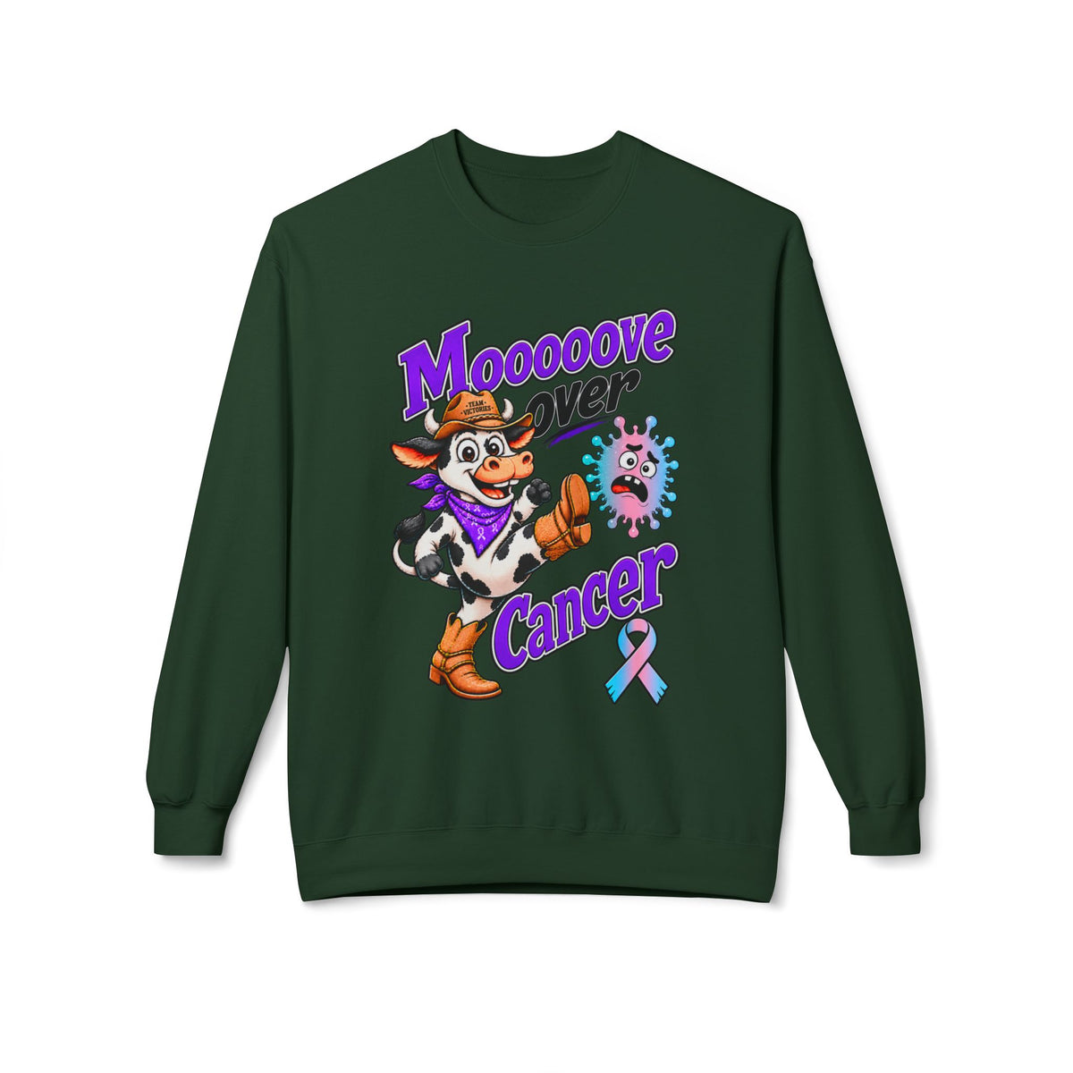 Moooove Over Cancer beige crewneck sweatshirt with cow graphic and Thyroid Cancer awareness ribbon