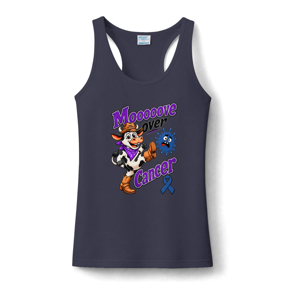 Moooove Over Cancer tank top with cow design and Colon Cancer awareness ribbon on navy fabric
