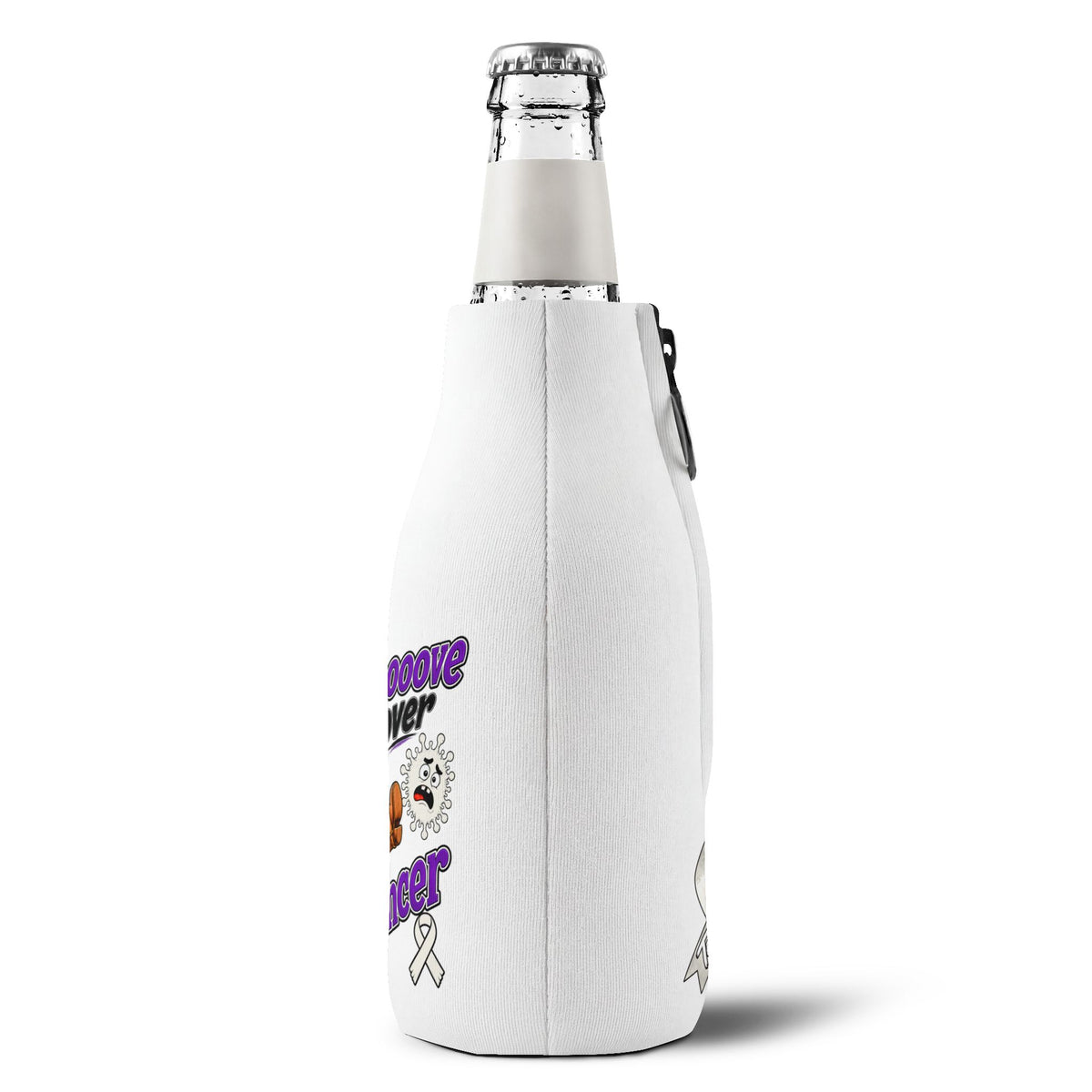 Side view of Moooove Over Cancer bottle cooler sleeve with partial awareness design