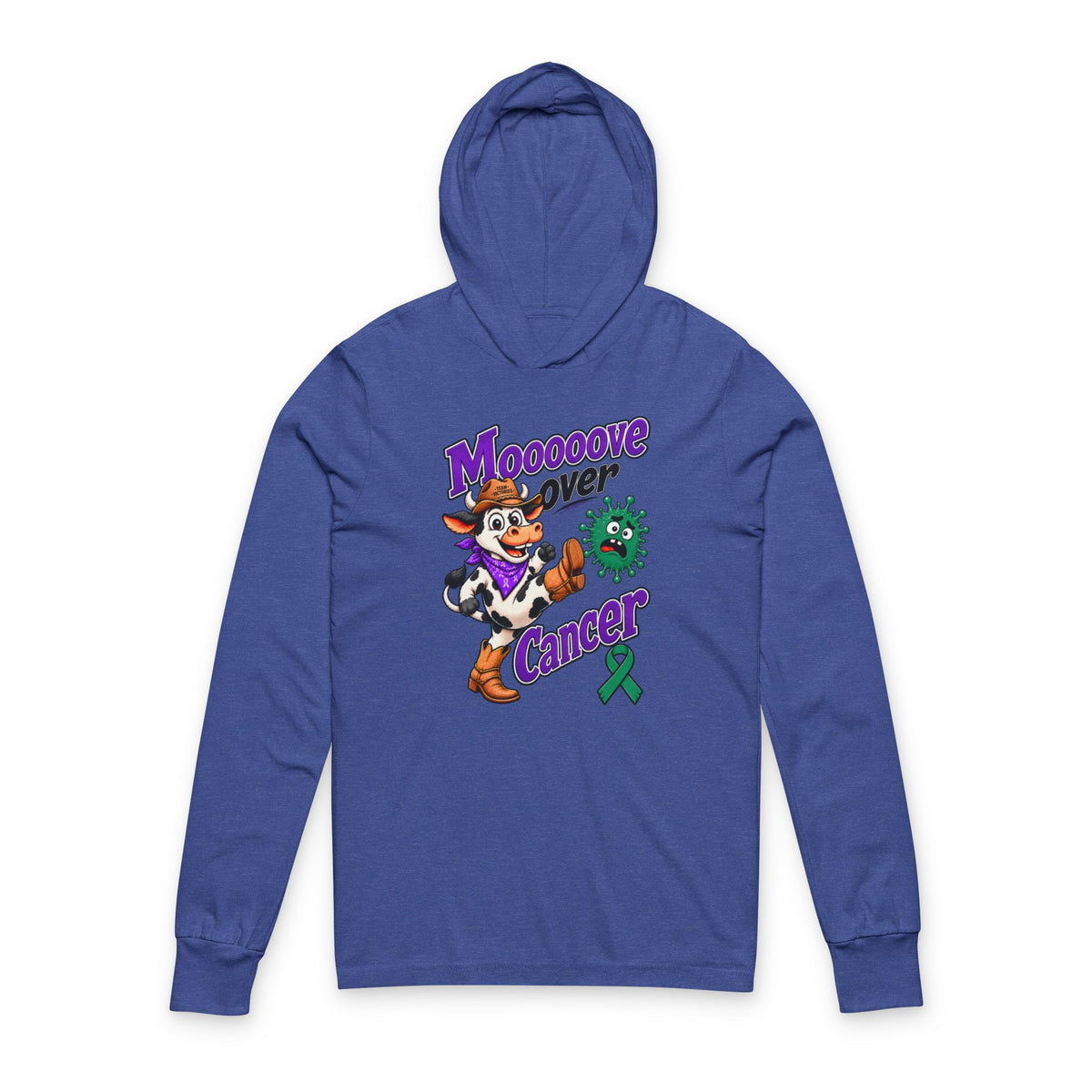 Blue Moooove Over Cancer hooded long-sleeve tee with green Liver Cancer awareness ribbon, front view