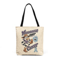 Moooove Over Cancer woven tote bag with cowgirl cow and blue ribbon design