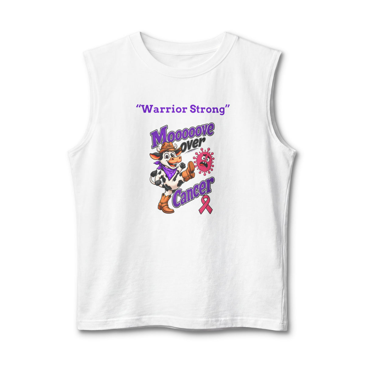 White Moooove Over Cancer Warrior Strong tank top with a pink Breast Cancer awareness ribbon