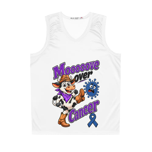 Moooove Over Cancer basketball jersey with cow mascot and blue ribbon, front view