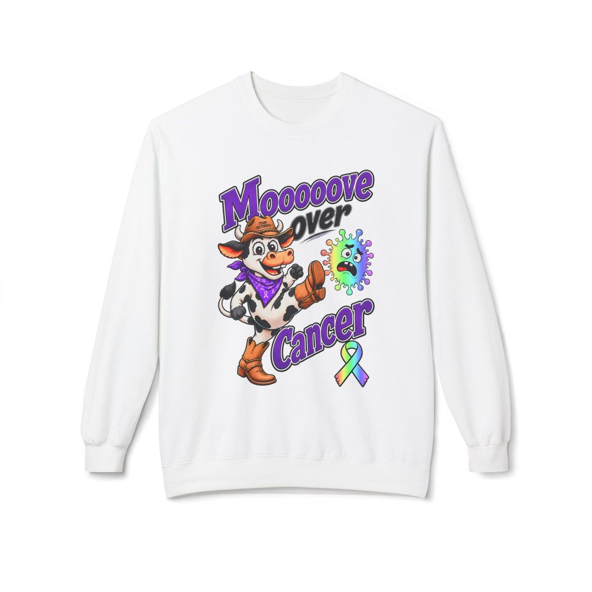Moooove Over Cancer crewneck sweatshirt with cow graphic and all-cancer awareness ribbon