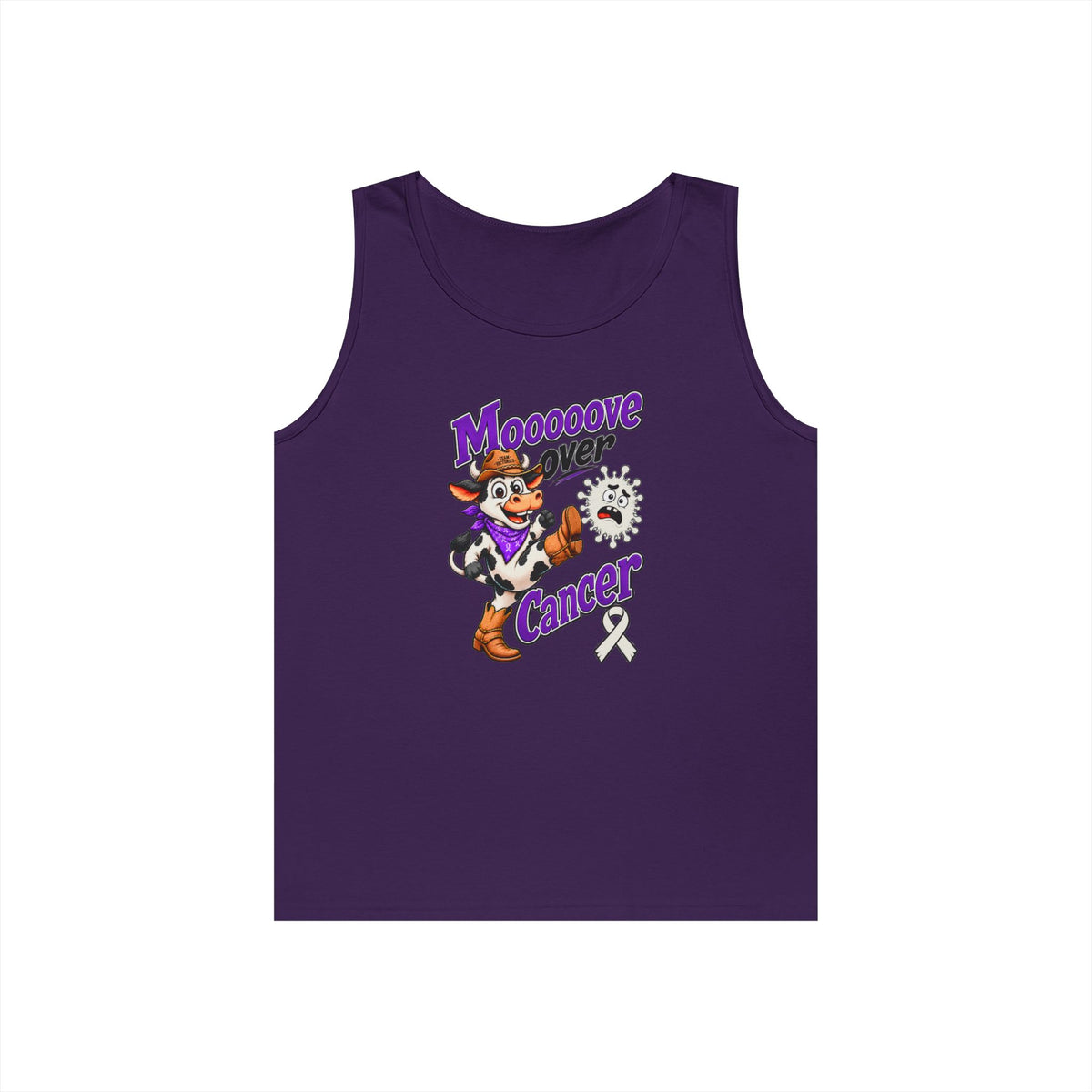 Moooove Over Cancer tank top with Lung Cancer awareness ribbon in purple