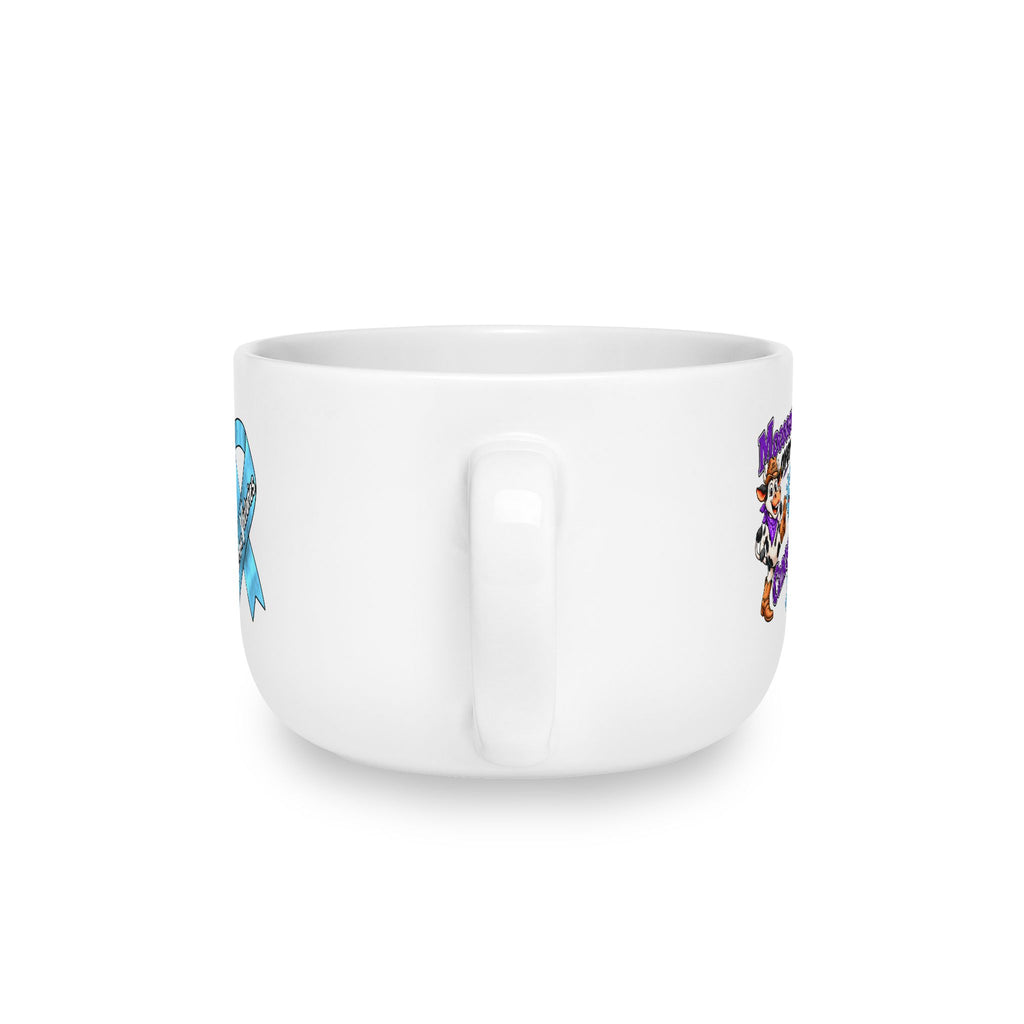 Side view of Moooove Over Cancer personalized 25 oz ceramic latte mug with ergonomic C-handle