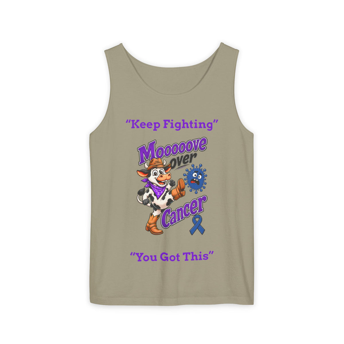 Olive Moooove Over Cancer tank top with You Got This message and Colon Cancer awareness ribbon