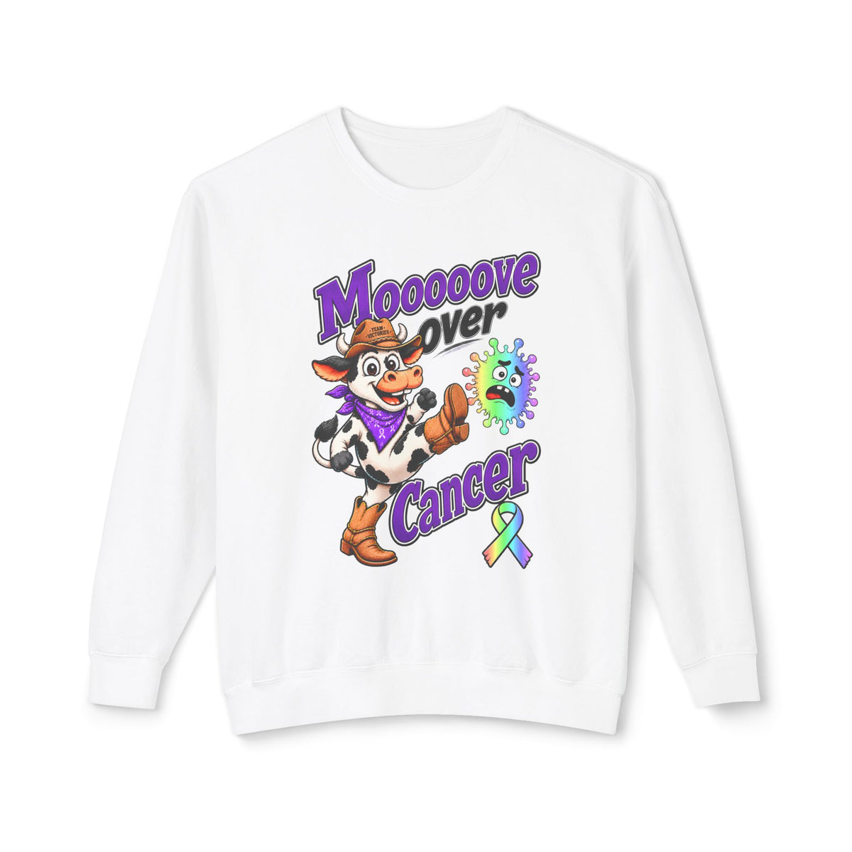 Moooove Over Cancer white crewneck sweatshirt with cow graphic and all-cancer awareness ribbon