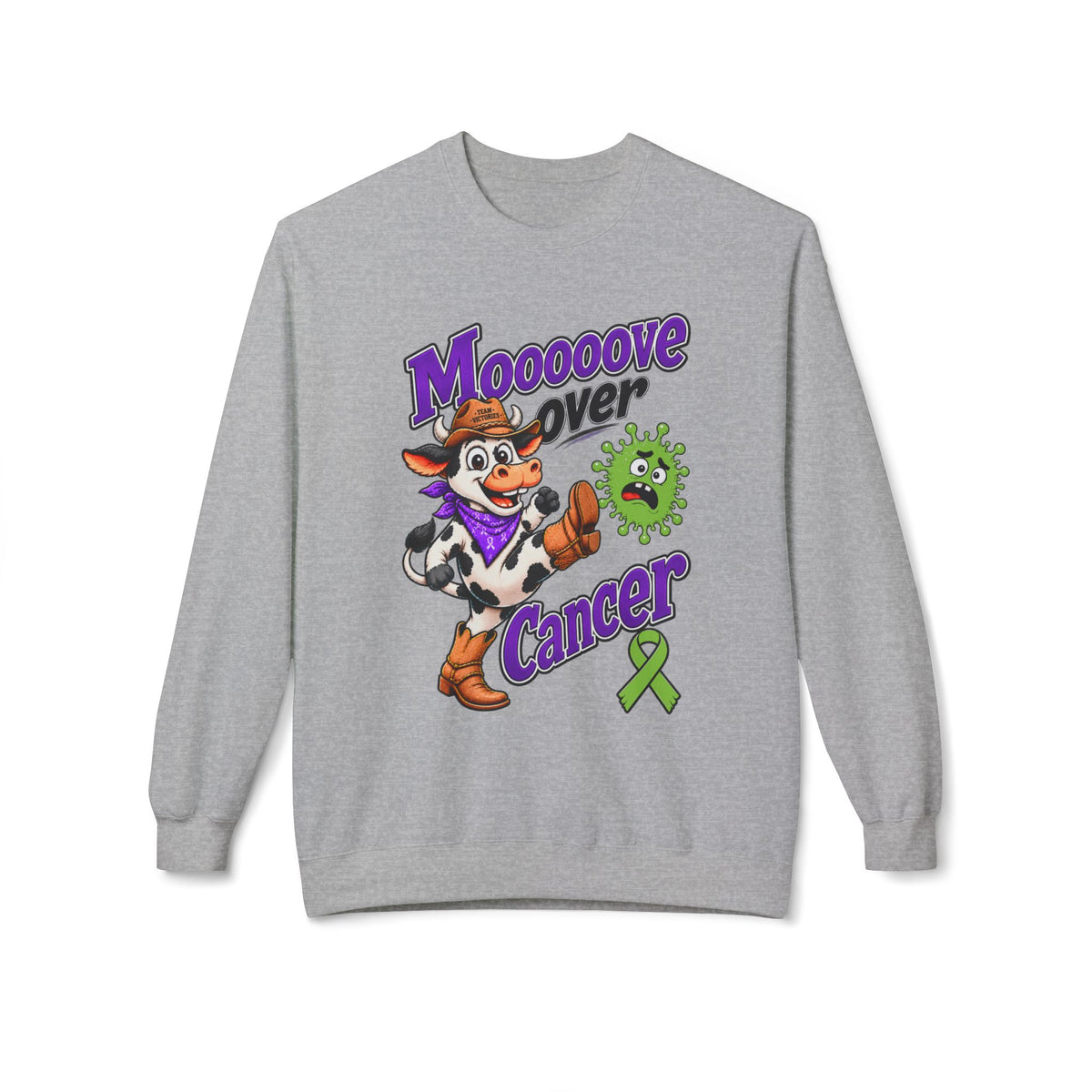Back view of Moooove Over Cancer crewneck sweatshirt showing a blank white back