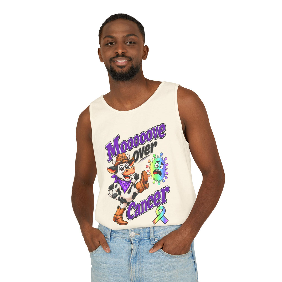 Woman wearing yellow Moooove Over Cancer tank top with cowgirl artwork