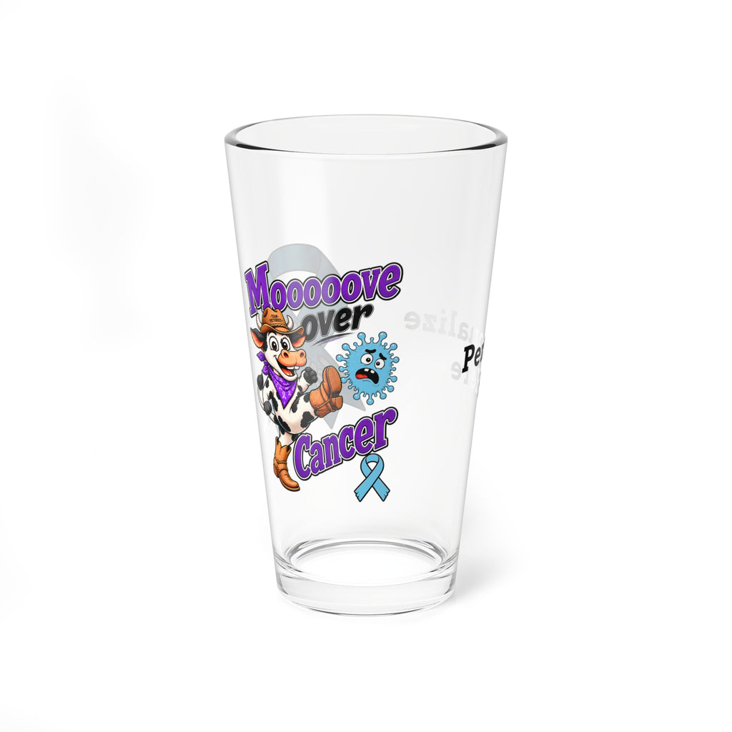 Moooove Over Cancer 16 oz clear glass with colorful artwork and blue awareness ribbon