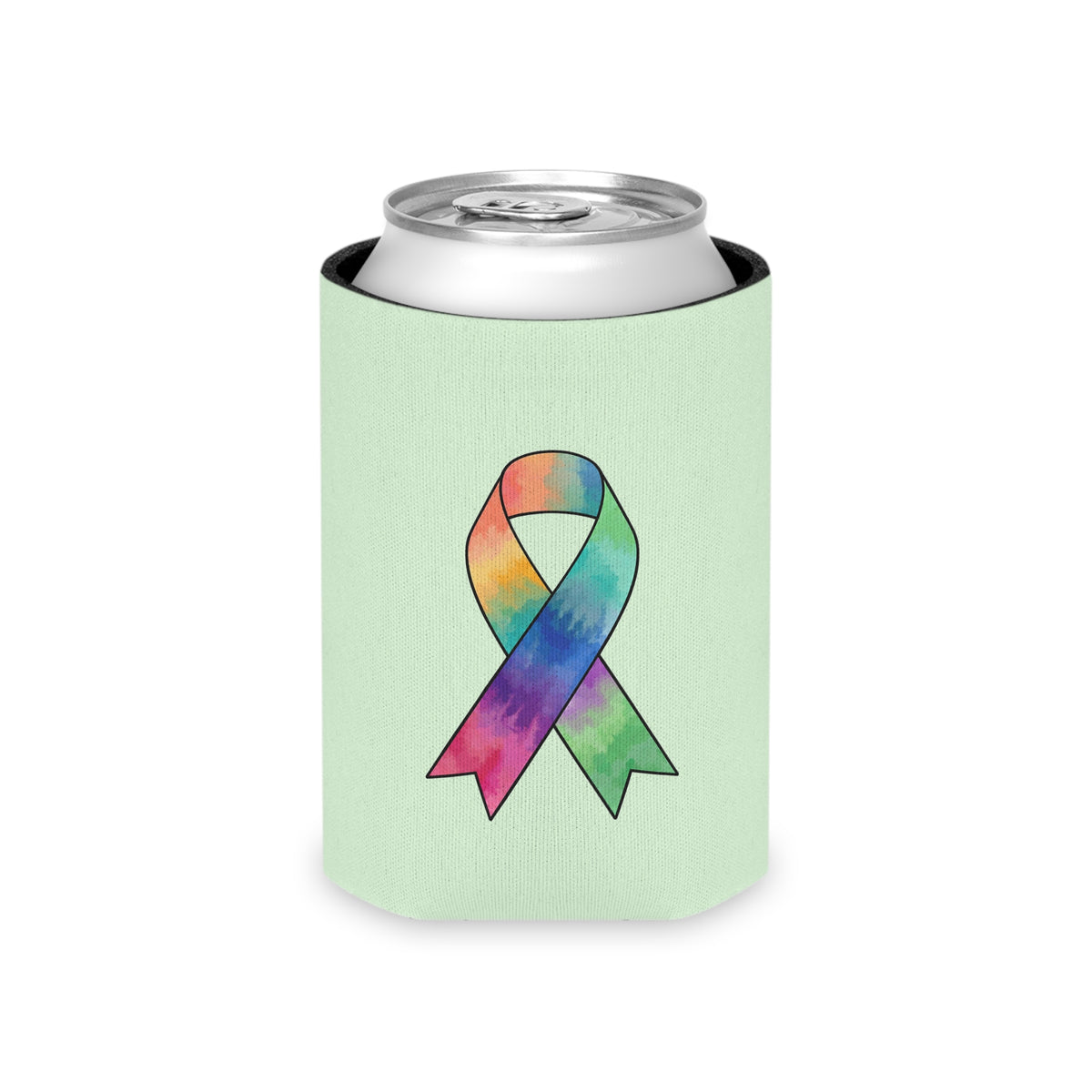 Kickin’ Cancer light green regular can cooler with multicolored awareness-ribbon artwork on the back.
