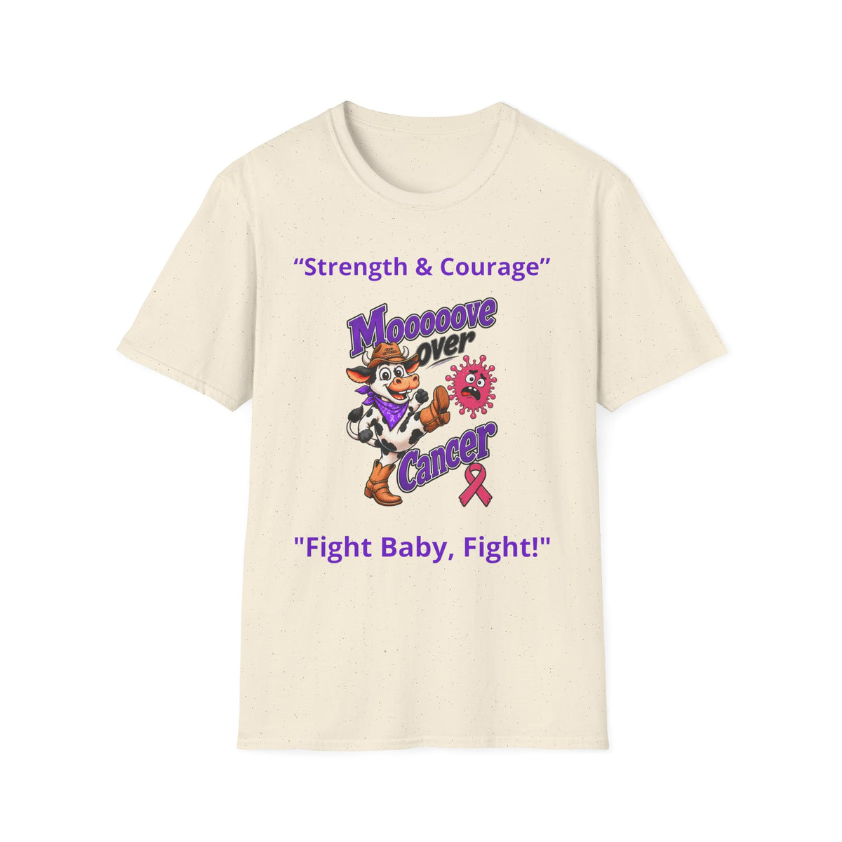 Moooove Over Cancer speckled cream T-shirt with cow graphic and Breast Cancer awareness ribbon