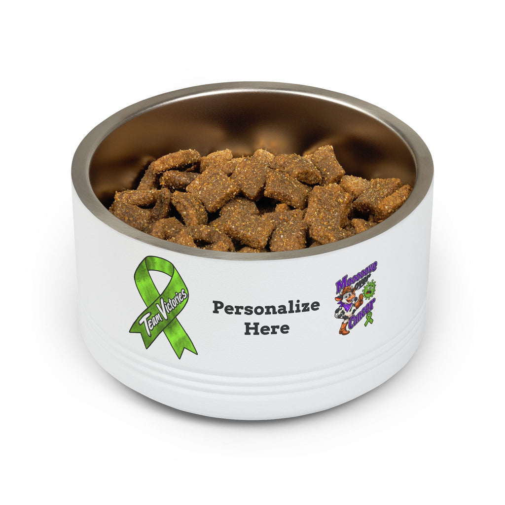 Mooove Over Cancer pet bowl filled with food, showing the personalization area and awareness ribbon