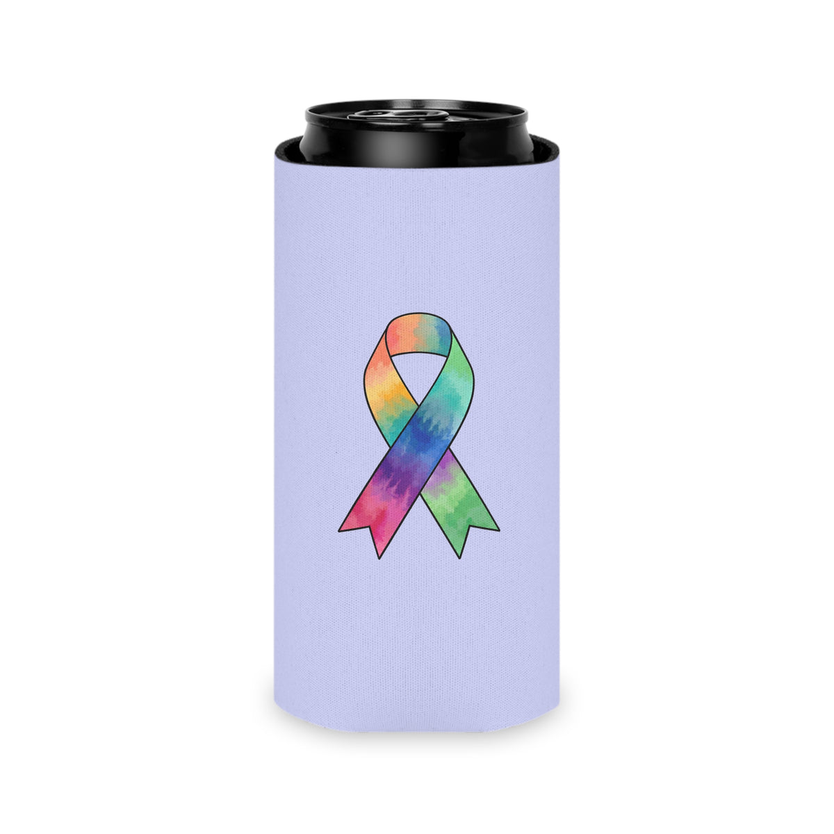 Back of lavender Kickin' Cancer Slim Can cooler with a multicolored awareness ribbon