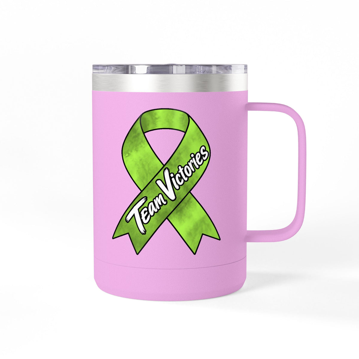 Pink Team Victories insulated mug with Non-Hodgkin/Lymphoma Cancer awareness ribbon