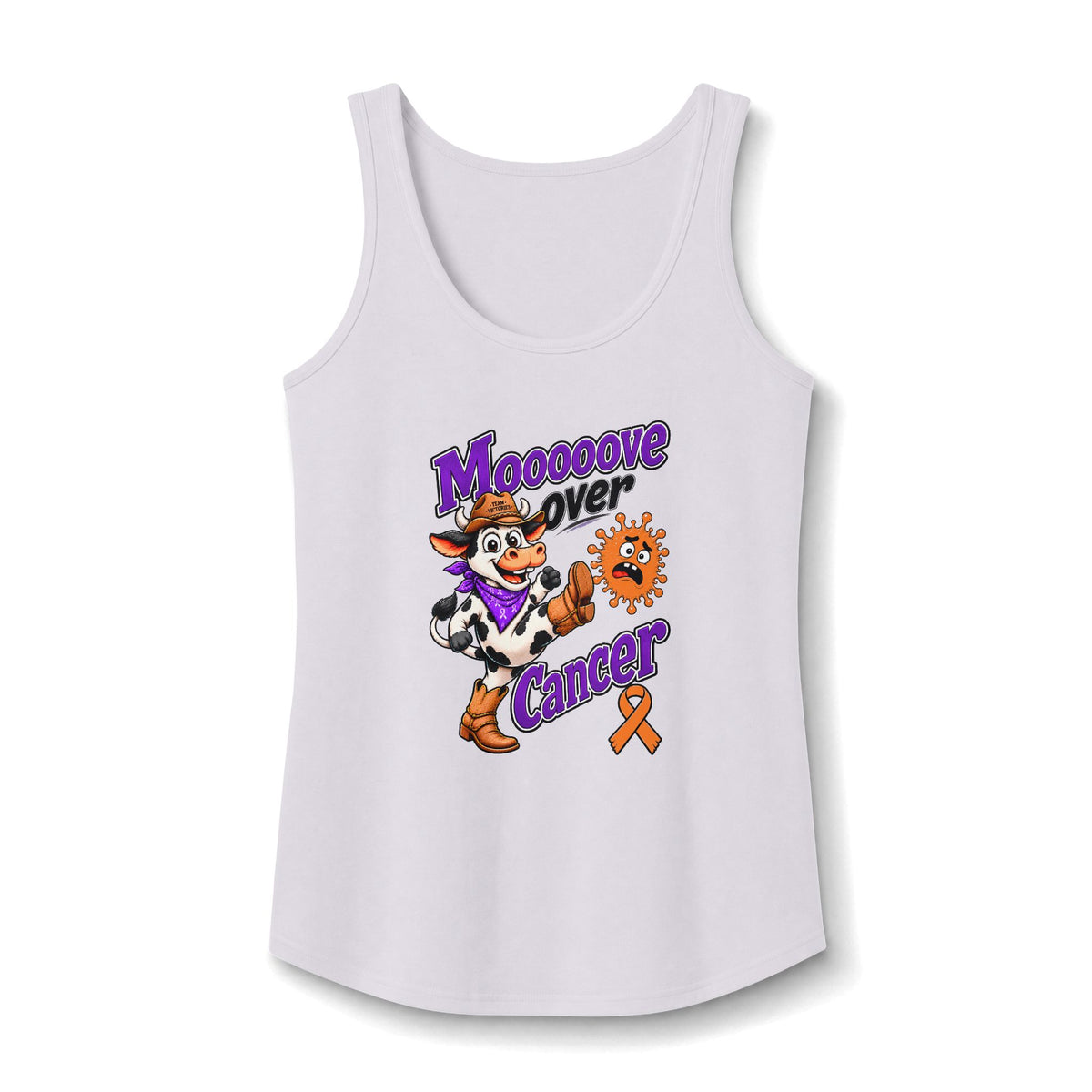 White Moooove Over Cancer tank top with Leukemia/Kidney Cancer awareness ribbon artwork