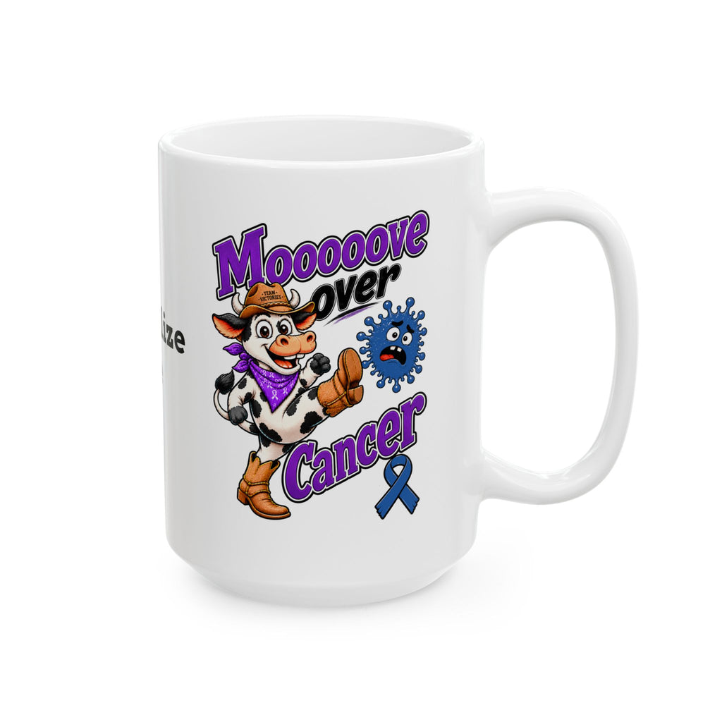 Front view of the Moooove Over Cancer personalized ceramic mug with Colon Cancer awareness ribbon