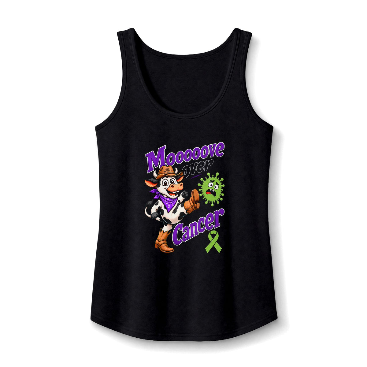Moooove Over Cancer tank top in black with cow graphic and lime Non-Hodgkin/Lymphoma Cancer awareness ribbon