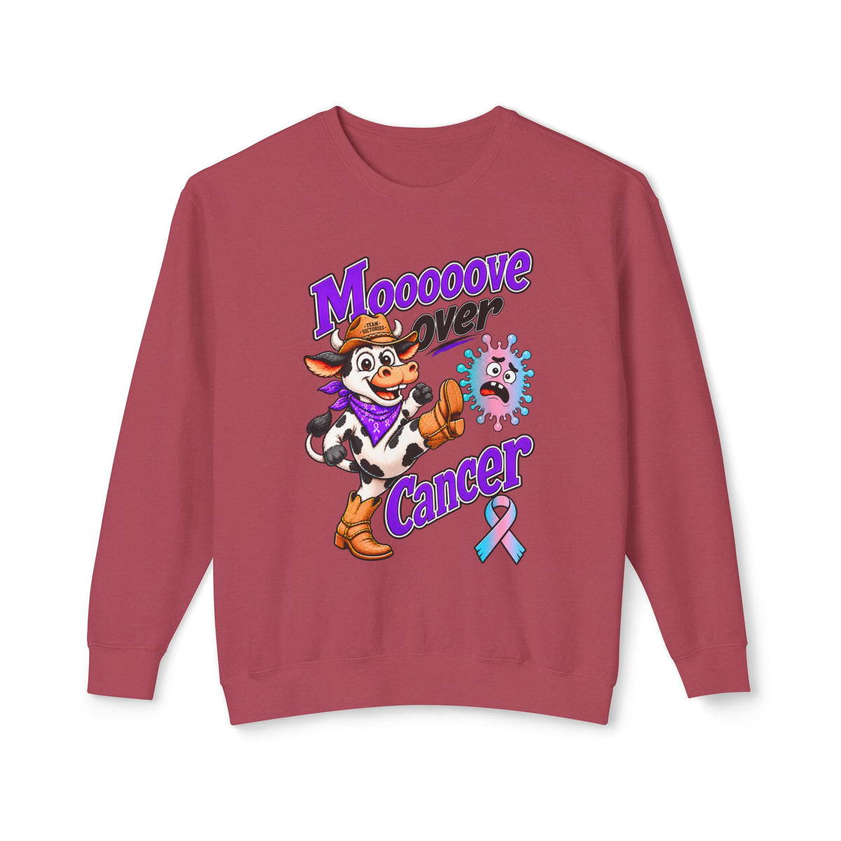 Moooove Over Cancer burgundy sweatshirt with cow artwork and Thyroid Cancer awareness ribbon