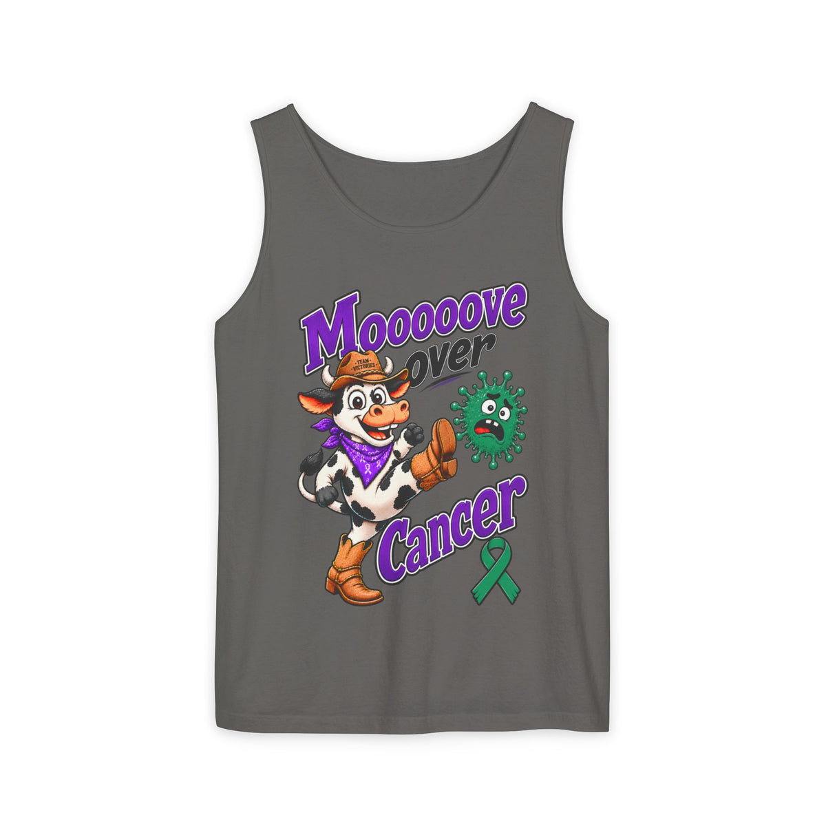 Dark gray Moooove Over Cancer tank top with cow design and Liver Cancer awareness ribbon