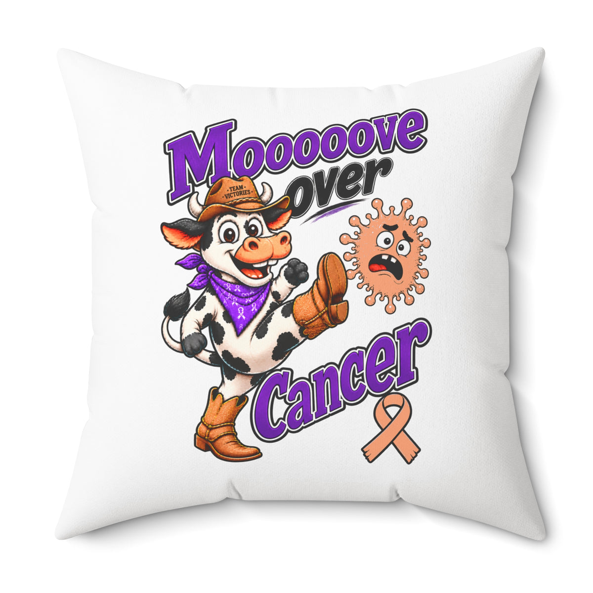Team Victories ribbon pillow featuring the Moooove Over Cancer design