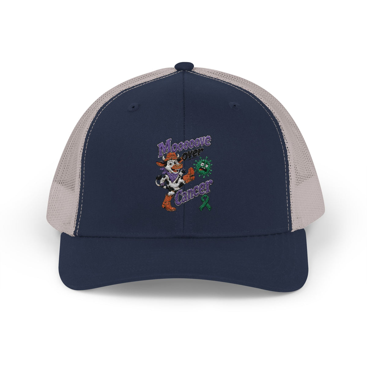 Rear view of Moooove Over Cancer trucker hat showing the adjustable snap closure