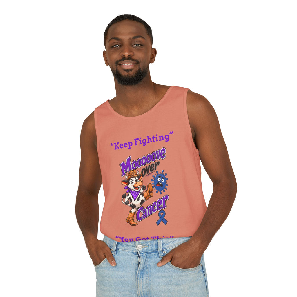 Woman wearing coral Moooove Over Cancer tank top with Keep Fighting message
