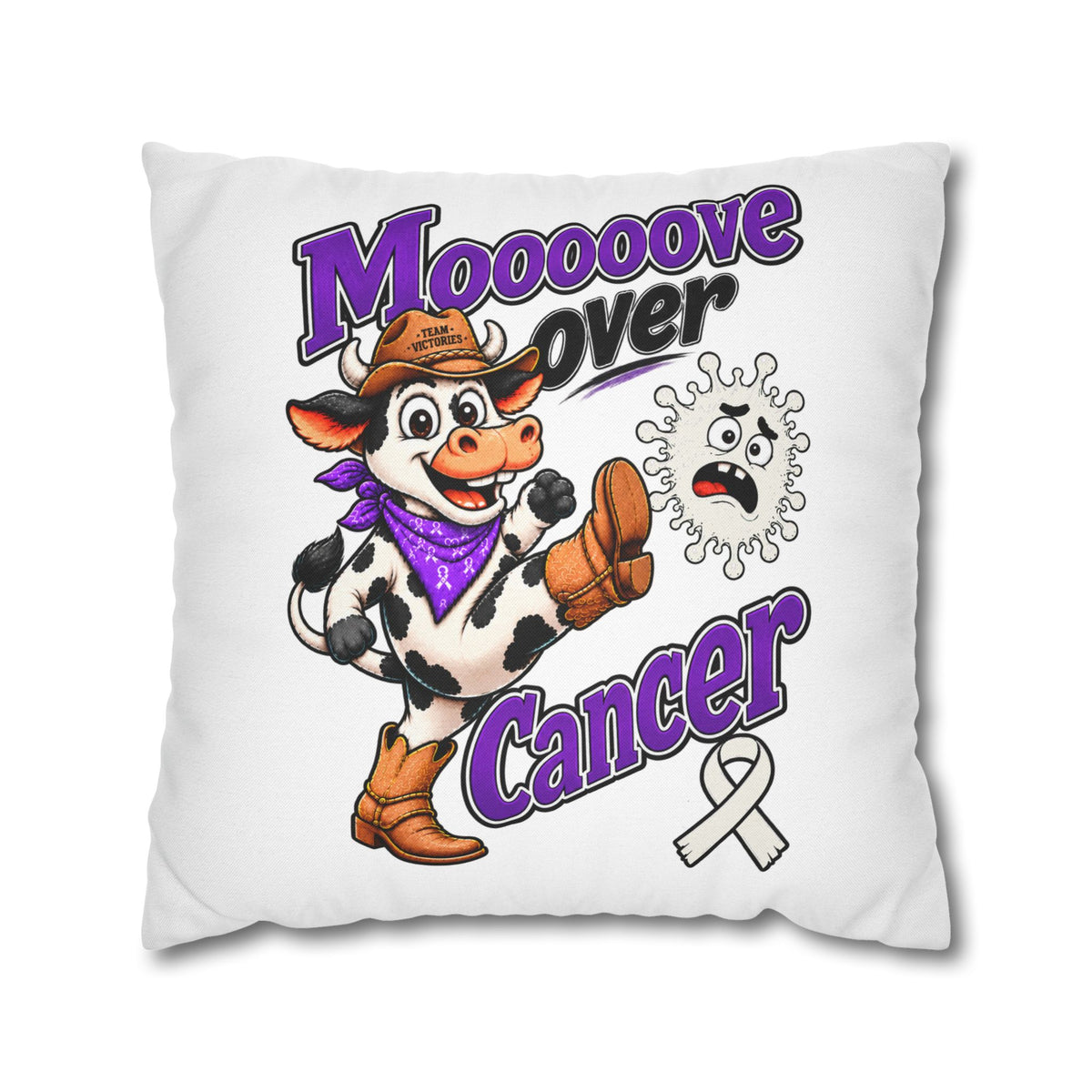 Moooove Over Cancer decorative pillow cover with playful cow design and Lung Cancer awareness ribbon