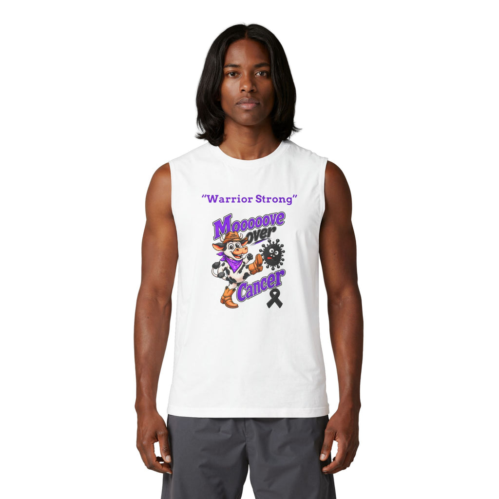 Model wearing a white Moooove Over Cancer Warrior Strong sleeveless tank top