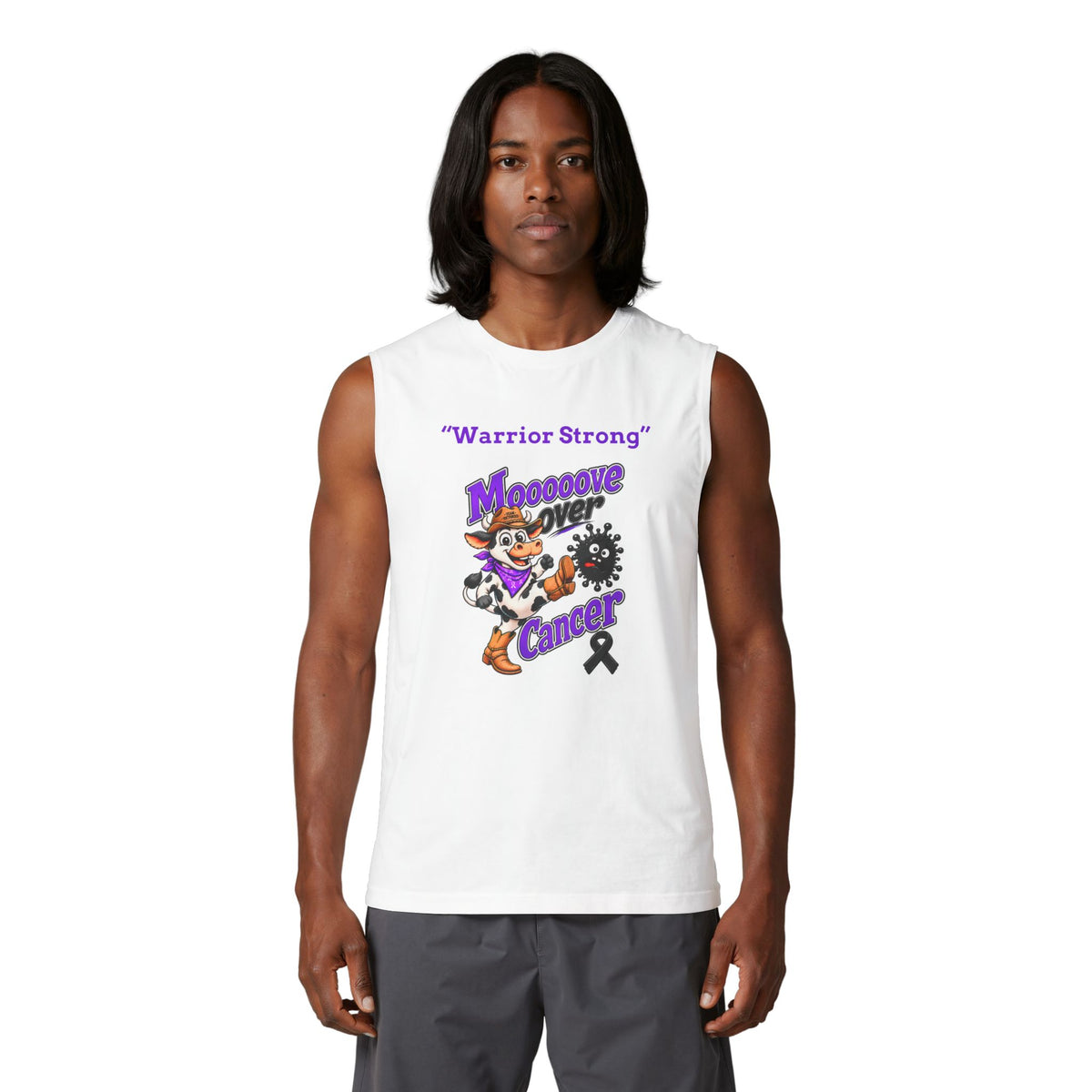 Model wearing a white Moooove Over Cancer Warrior Strong sleeveless tank top