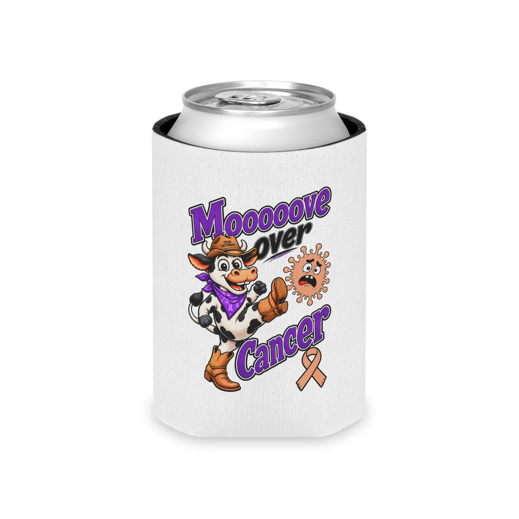 Moooove Over Cancer can cooler wrapped around a beverage can