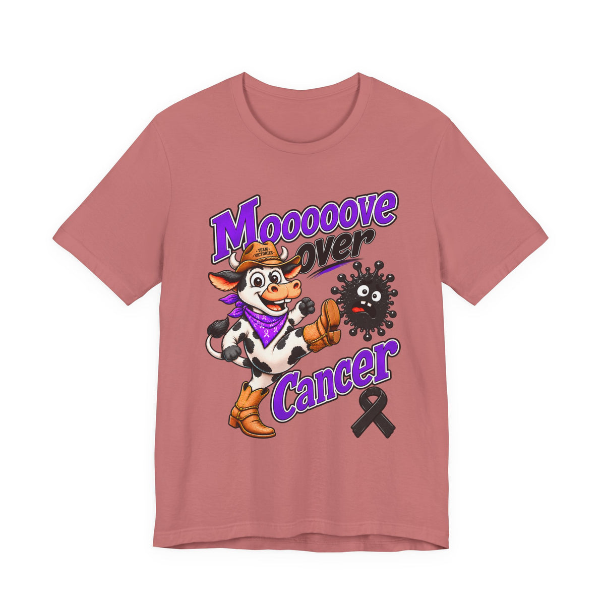 Dusty rose Moooove Over Cancer T-shirt featuring cow artwork and awareness ribbon