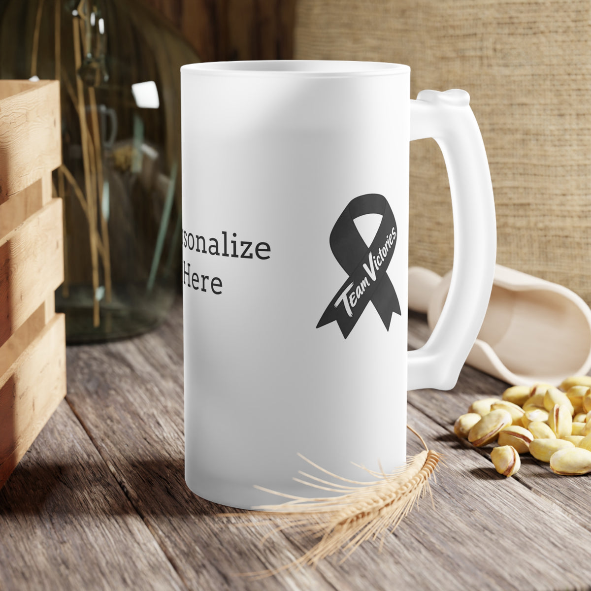 Lifestyle view of Moooove Over Cancer mug with Team Victories Melanoma Cancer awareness ribbon