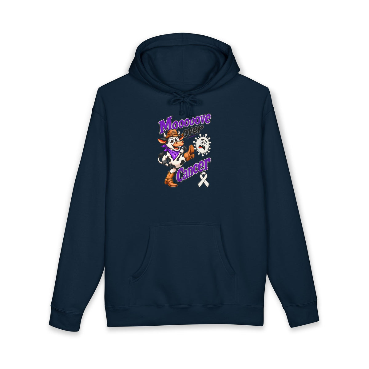 Moooove Over Cancer hoodie with Lung Cancer awareness ribbon, front view in navy