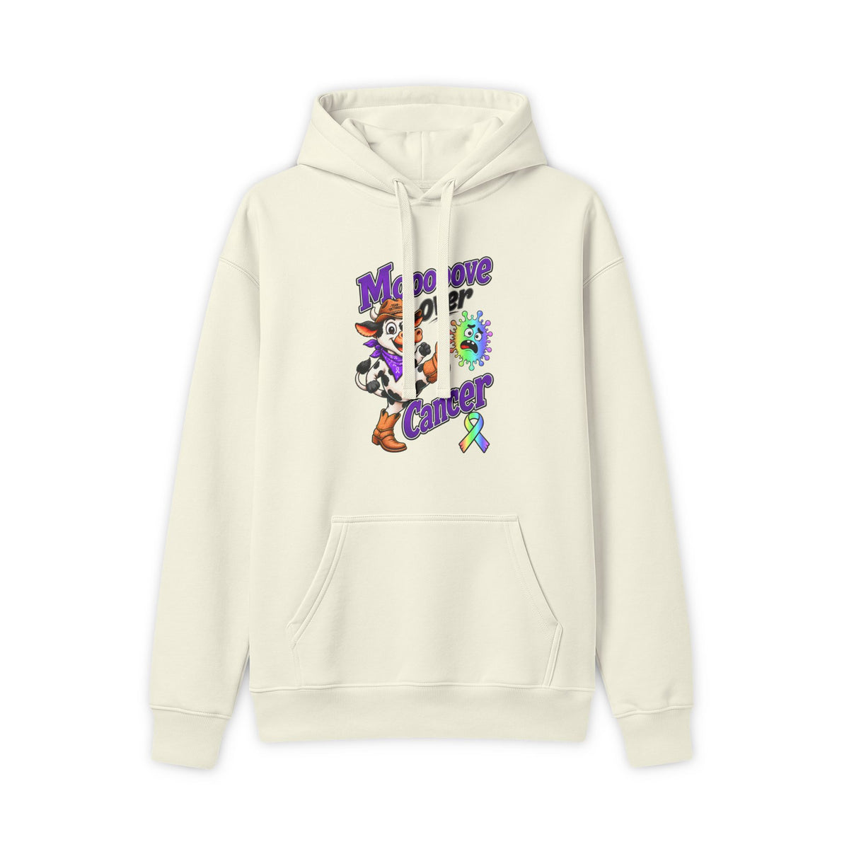Ivory Moooove Over Cancer hoodie with all-cancer awareness ribbon chest design